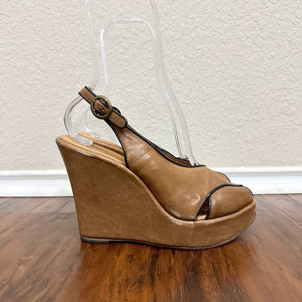 FIORENTINI + Baker Peep-Toe Wedge Slingback Sandals in Tan Leather